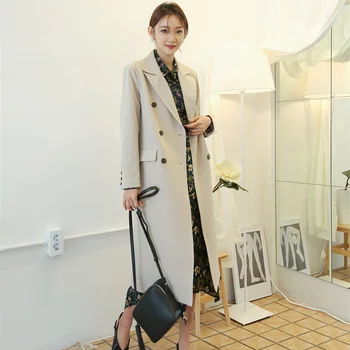 Корейски есенен костюм в нов стил, женски однотонное палто средната и дългата дължина, с отворени рамене, за да покаже на тънки ежедневни и гъвкав бизнес