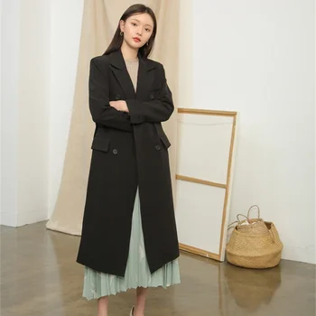 Корейски есенен костюм в нов стил, женски однотонное палто средната и дългата дължина, с отворени рамене, за да покаже на тънки ежедневни и гъвкав бизнес Изображение 2